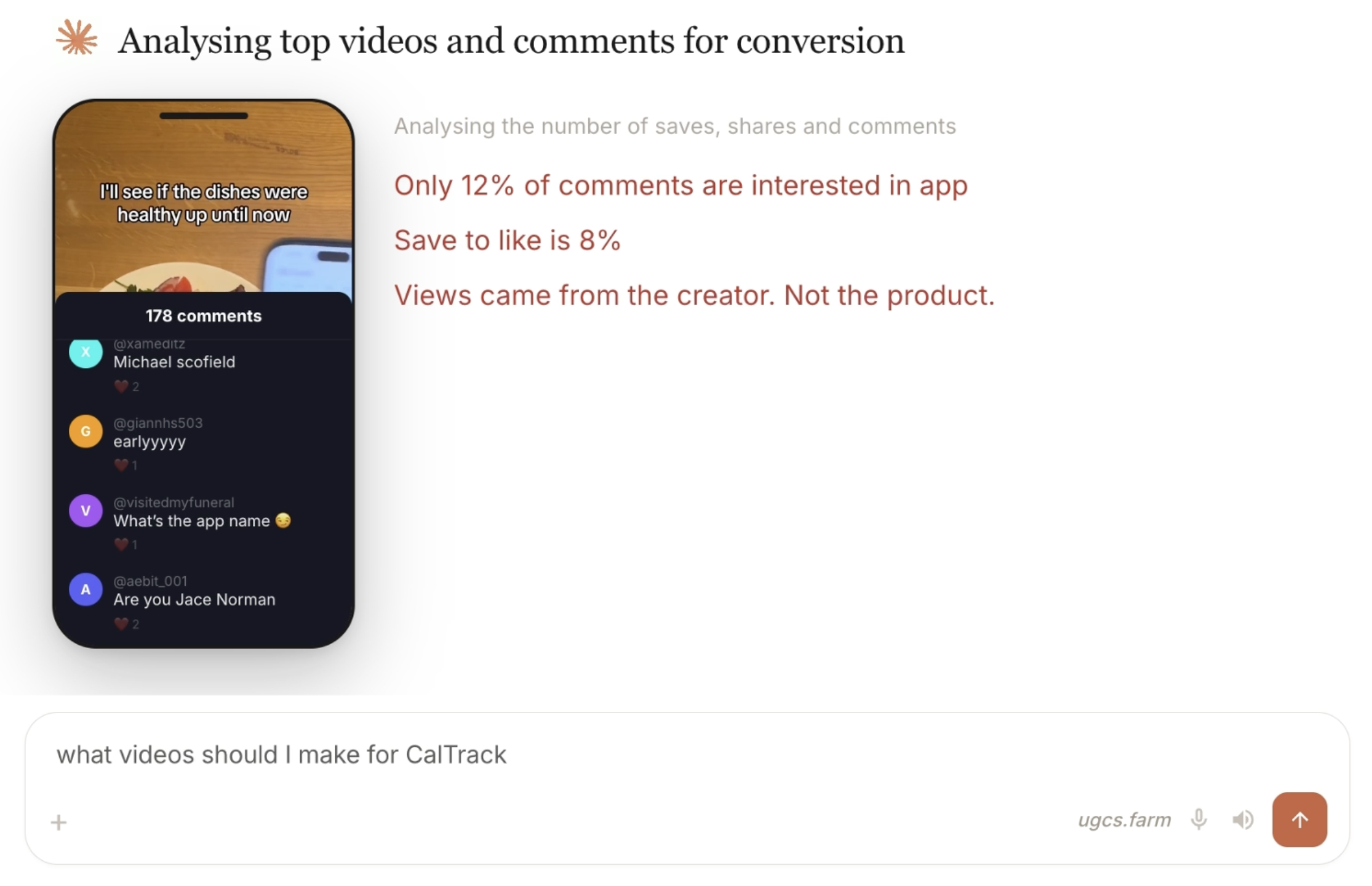 Analysis showing only 12% of comments discuss the product — a misaligned audience signal.