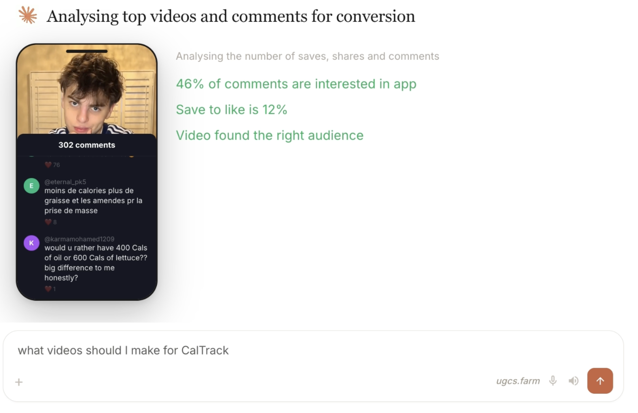 Analysis showing 46% of comments interested in the product — audience aligned.
